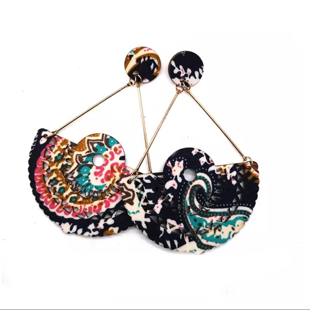 Trendy Drop Earrings Wooden Fabric Navy Teal Pink